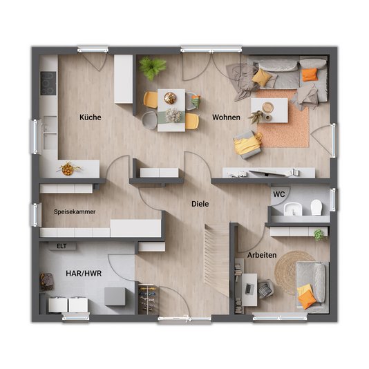 Erdgeschoss des Flair 134 mit Antritt aus der Geschossmitte und großzügiger Garderobe.