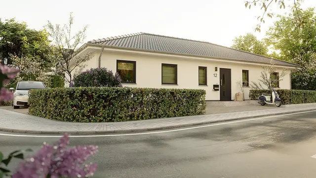 Bungalow 131: Massivhaus mit durchdachter Hauseingangsnische Der Bungalow 131 besticht durch seinen modernen Stil und eine praktische Hauseingangsnische. In der Grundrissvariante 2 überzeugt er zusätzlich mit einer geräumigen Garderobe, einer direkt an der Küche angrenzenden Speisekammer und zwei großzügigen Schlafräumen.