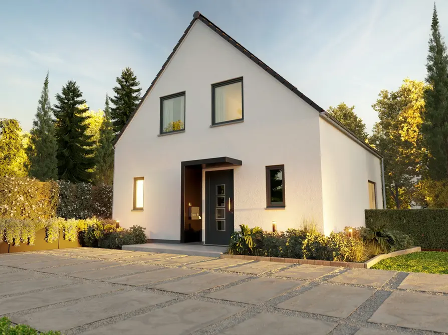 Sicht auf das Raumwunder 100 als Variante Elegance mit Vordach im Eingangsbereich